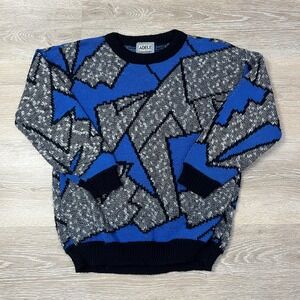 Vintage Adele Knitwear Sweater Womens Large Blue Abstract Geometric Made USA 80s
